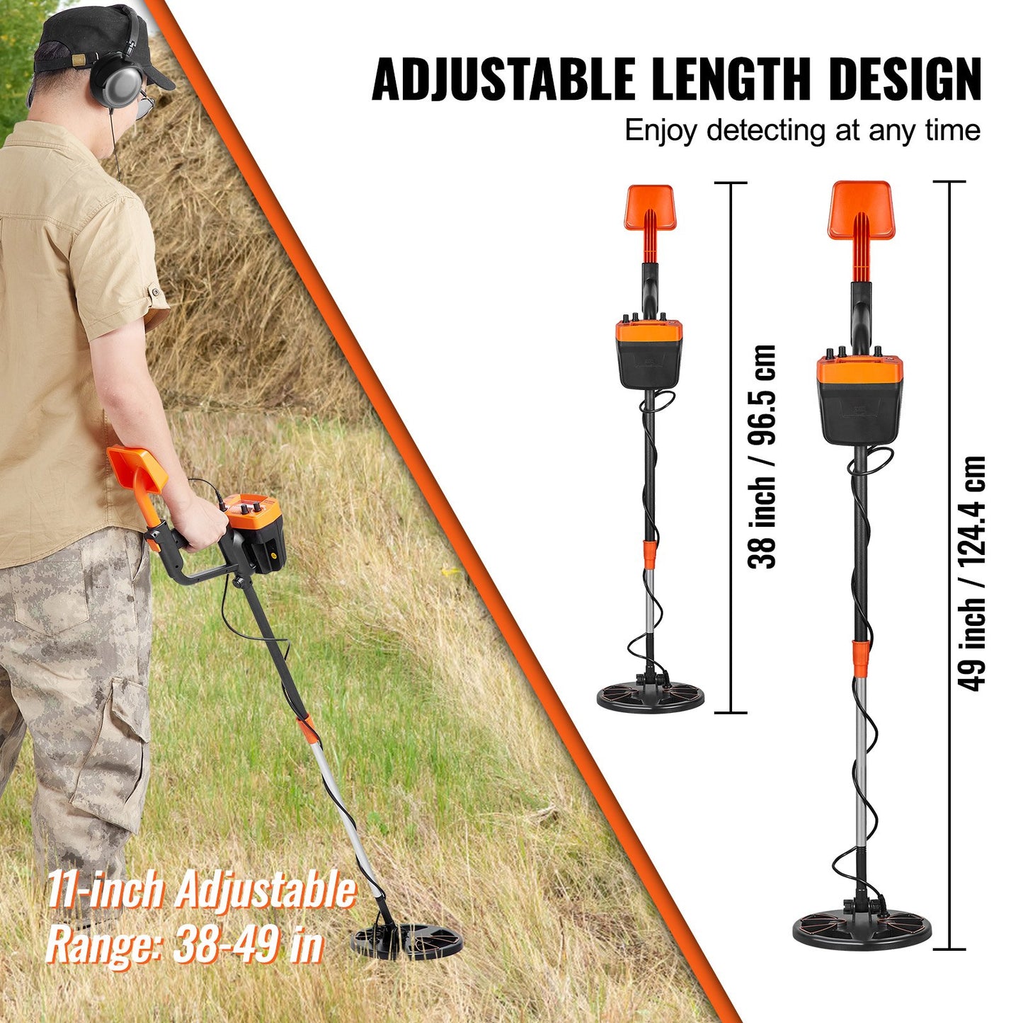 Metal Detector for Adults & Kids, 8 Inch Waterproof Search Coil with High Accuracy Pointer Display, Adjustable 38''-49'' Gold Detector, Lightweight Aluminum Stem for Detecting Gold Treasure