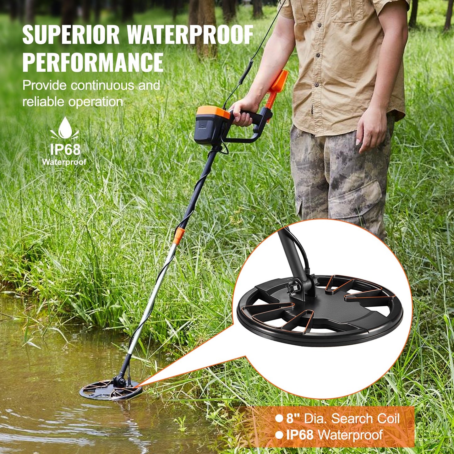 Metal Detector for Adults & Kids, 8 Inch Waterproof Search Coil with High Accuracy Pointer Display, Adjustable 38''-49'' Gold Detector, Lightweight Aluminum Stem for Detecting Gold Treasure