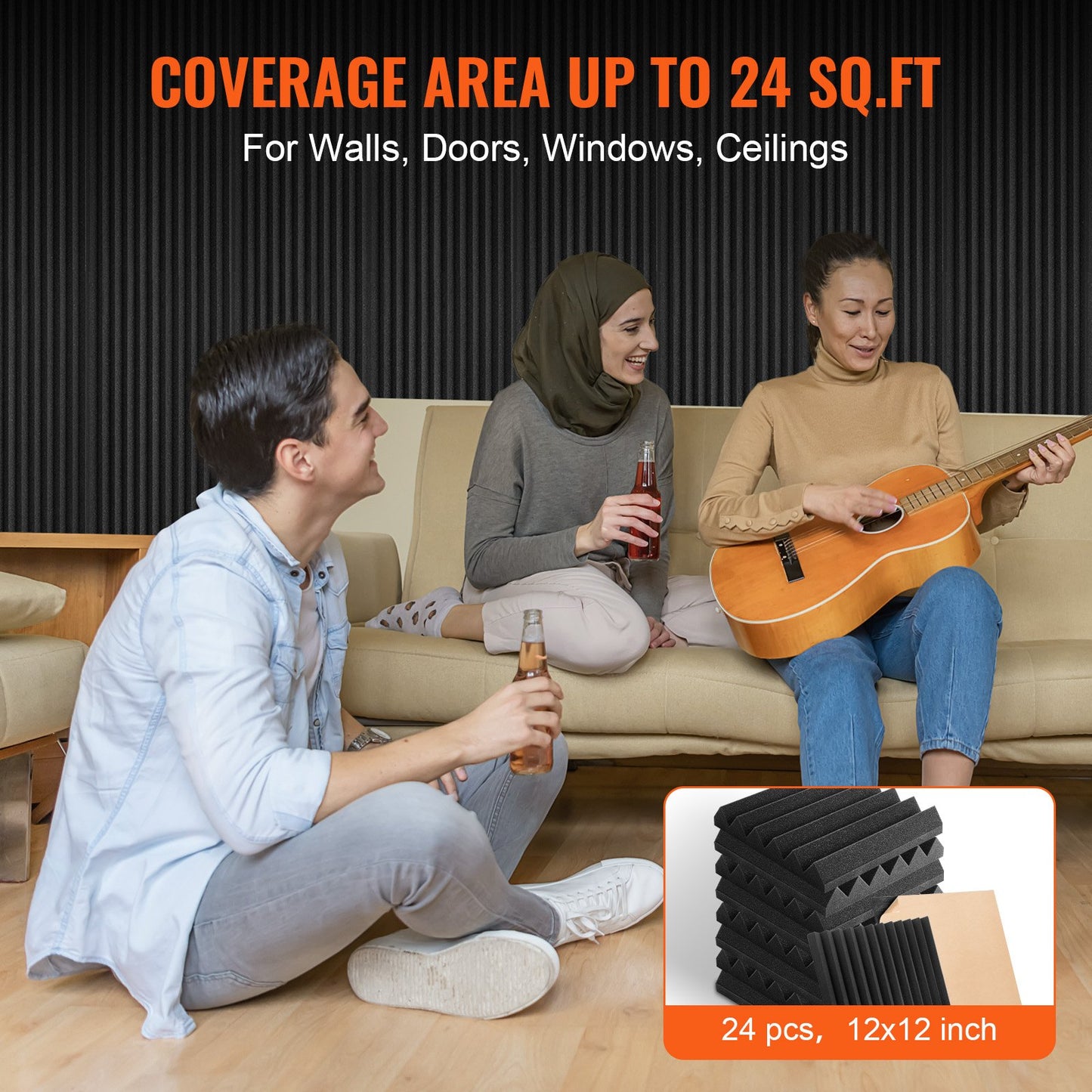 Akustiska skumpaneler 24-pack 12 x 12 x 2 i lim för väggtak