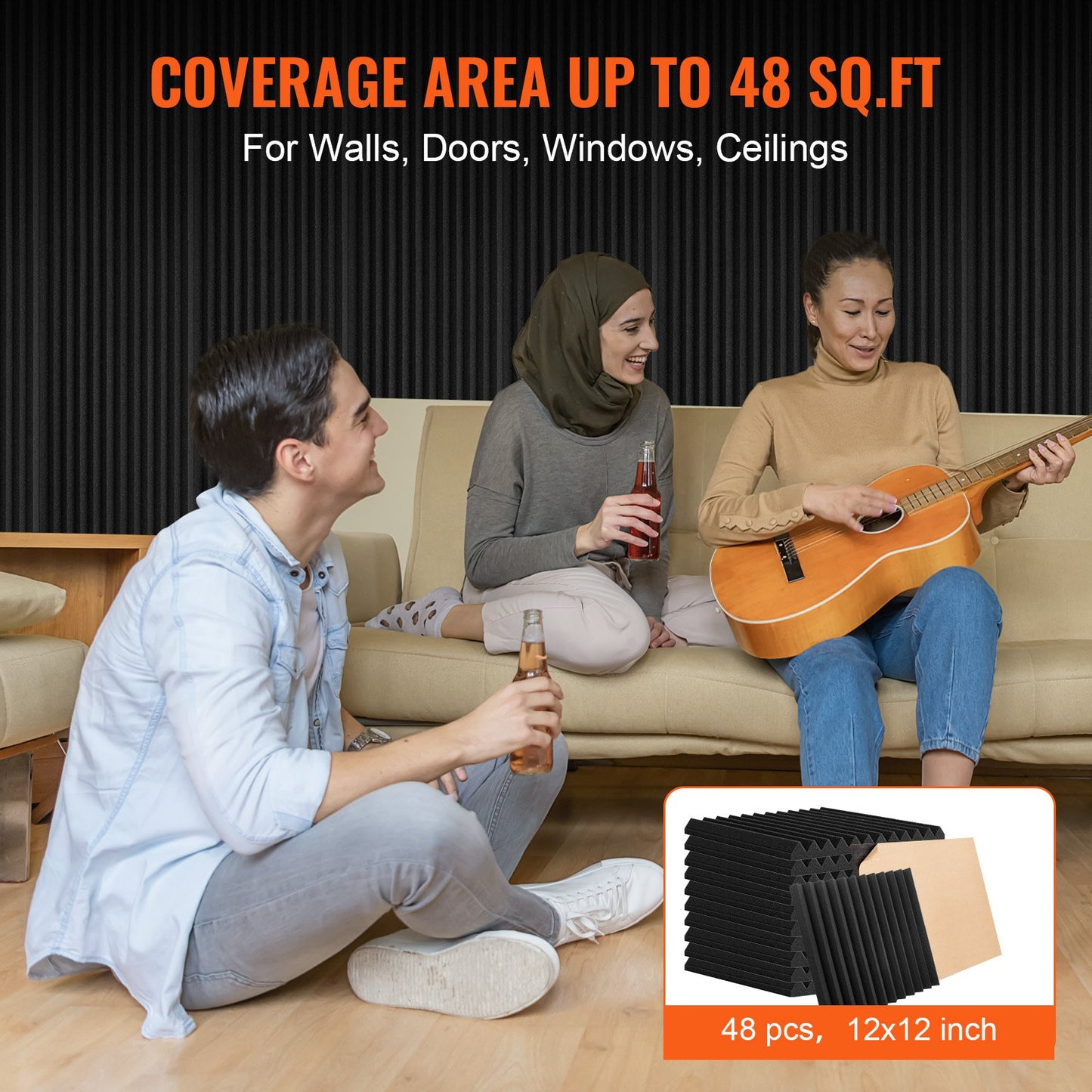 Akustikschaumplatten 48er-Pack 12 x 12 x 1 Zoll selbstklebend für Wanddecken