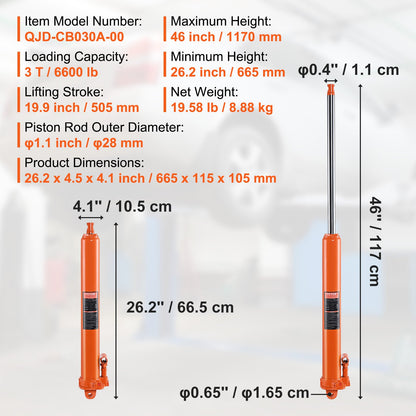 Hydraulic Long Ram Jack, 3 Ton Engine Hoist Cylinder with Single Piston Pump And Clevis Base, Hydraulic Ram Cylinder for Engine Lift Hoists, Hydraulic Garage/Shop Cranes, Mechanical, Farm