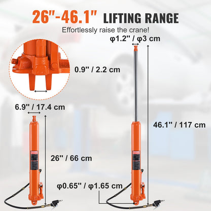 Hydraulic Long Ram Jack, 8 Ton Engine Hoist Cylinder with Air Pump and Single Piston Pump, Hydraulic Ram Cylinder Clevis Base for Engine Lift Hoists, Garage/Shop Cranes, Mechanical, Farm