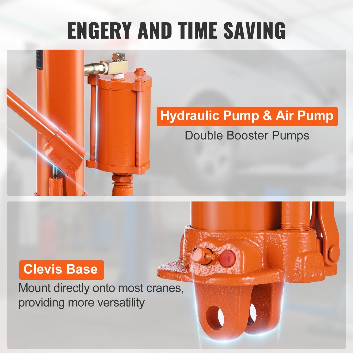 Hydraulic Long Ram Jack, 8 Ton Engine Hoist Cylinder with Air Pump and Single Piston Pump, Hydraulic Ram Cylinder Clevis Base for Engine Lift Hoists, Garage/Shop Cranes, Mechanical, Farm
