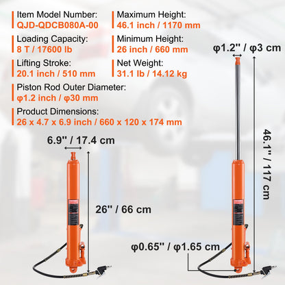 Hydraulic Long Ram Jack, 8 Ton Engine Hoist Cylinder with Air Pump and Single Piston Pump, Hydraulic Ram Cylinder Clevis Base for Engine Lift Hoists, Garage/Shop Cranes, Mechanical, Farm