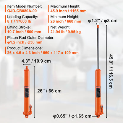 Hydraulic Long Ram Jack, 8 Ton Engine Hoist Cylinder with Single Piston Pump And Clevis Base, Hydraulic Ram Cylinder for Engine Lift Hoists, Hydraulic Garage/Shop Cranes, Mechanical, Farm