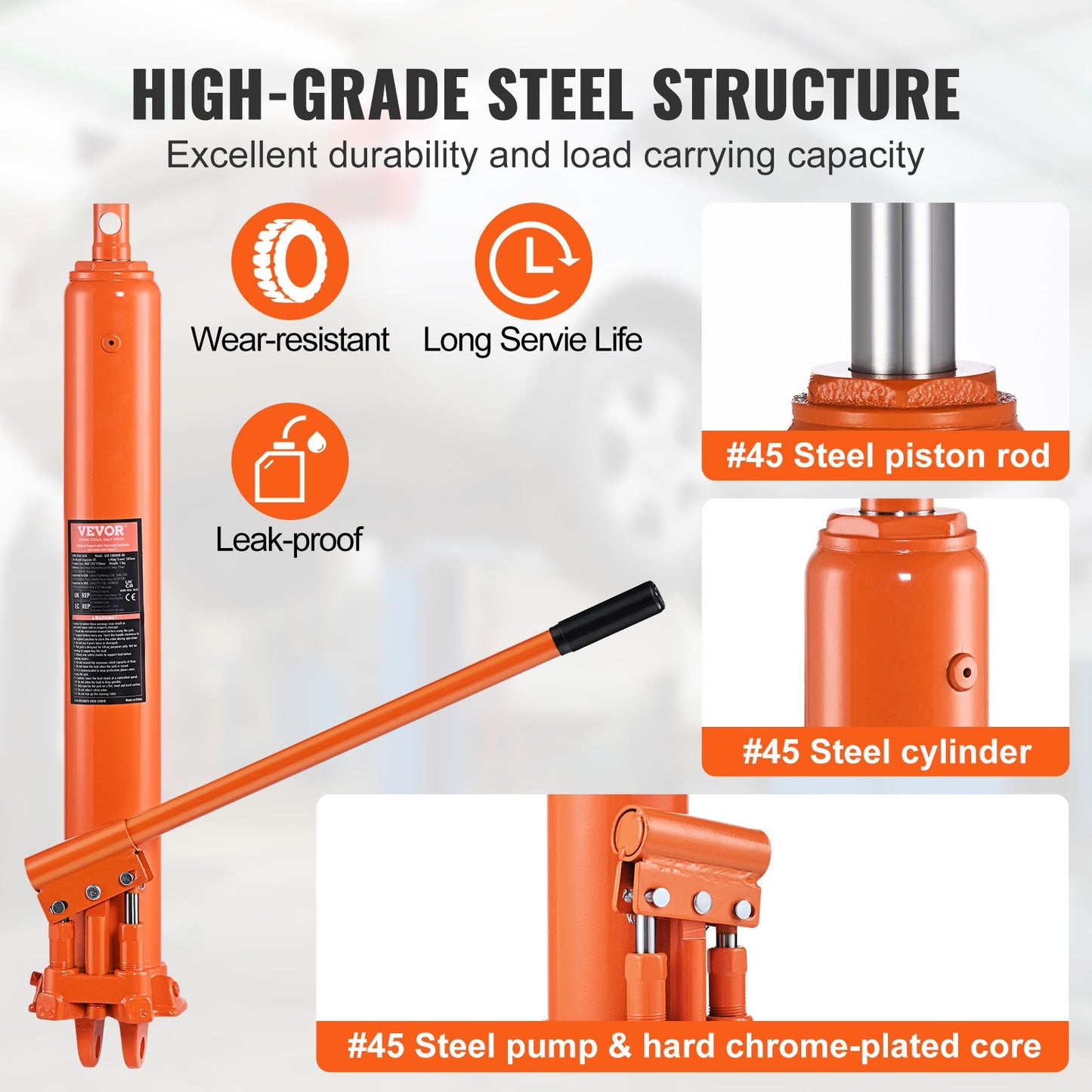 Hydraulic Long Ram Domkraft, 8 Tons motorlyftcylinder med dubbelkolvpump och gaffelbas, Hydraulisk cylinder för motorlyftar, Hydrauliska garage/verkstadskranar, Mekanisk, Farm