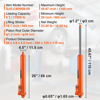 Hydraulic Long Ram Jack, 8 Ton Engine Hoist Cylinder with Double Piston Pump And Clevis Base, Hydraulic Ram Cylinder for Engine Lift Hoists, Hydraulic Garage/Shop Cranes, Mechanical, Farm