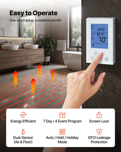 50 sqft Self-Adhesive Mesh Floor Heating Mat System, 120V Electric Radiant Heated Floor System, with Smart Control Thermostat & Alarm, Easy Installation for Tile, Stone, Vinyl