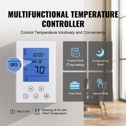 Floor Heating Mat, 30 Sq.ft, Electric Radiant In-Floor Heated Warm System with Digital Floor Sensing Thermostat, Includes Installation Monitor, Adhesive Back for Easy Installation on The Floor