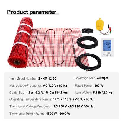Floor Heating Mat, 30 Sq.ft, Electric Radiant In-Floor Heated Warm System with Digital Floor Sensing Thermostat, Includes Installation Monitor, Adhesive Back for Easy Installation on The Floor