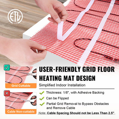 Floor Heating Mat, 20 Sq. ft, Electric Radiant In-Floor Heated Warm System with Digital Floor Sensing Thermostat, Includes Installation Monitor, Adhesive Back for Easy Installation on The Floor