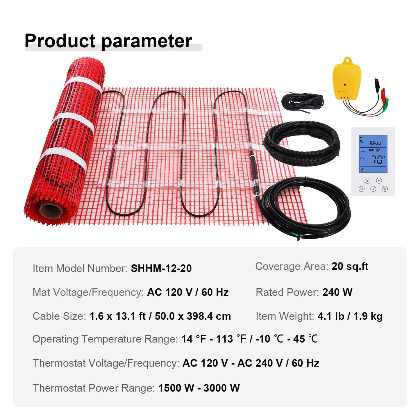 Floor Heating Mat, 20 Sq. ft, Electric Radiant In-Floor Heated Warm System with Digital Floor Sensing Thermostat, Includes Installation Monitor, Adhesive Back for Easy Installation on The Floor