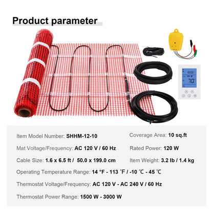 Floor Heating Mat,10 Sq.ft. 14℉-113℉ Electric Radiant Floor Heated Warm System with Digital Floor Sensing Thermostat, 110-120V Includes Installation Monitor, Adhesive Back for Easy Installation