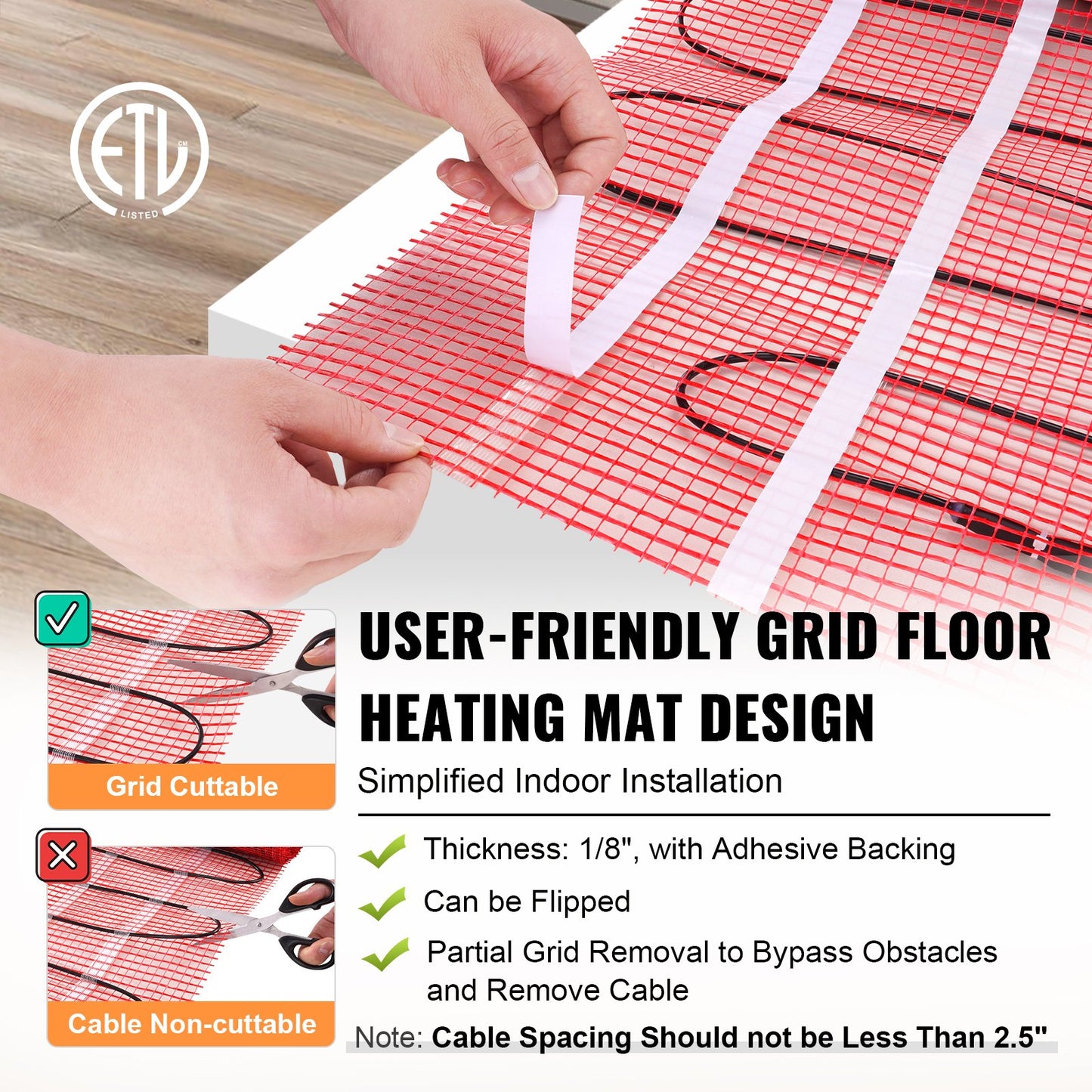 Floor Heating Mat,100Sq.ft. 14℉-113℉ Electric Radiant Floor Heated Warm System with Digital Floor Sensing Thermostat, 110-120V Includes Installation Monitor, Adhesive Back for Easy Installation