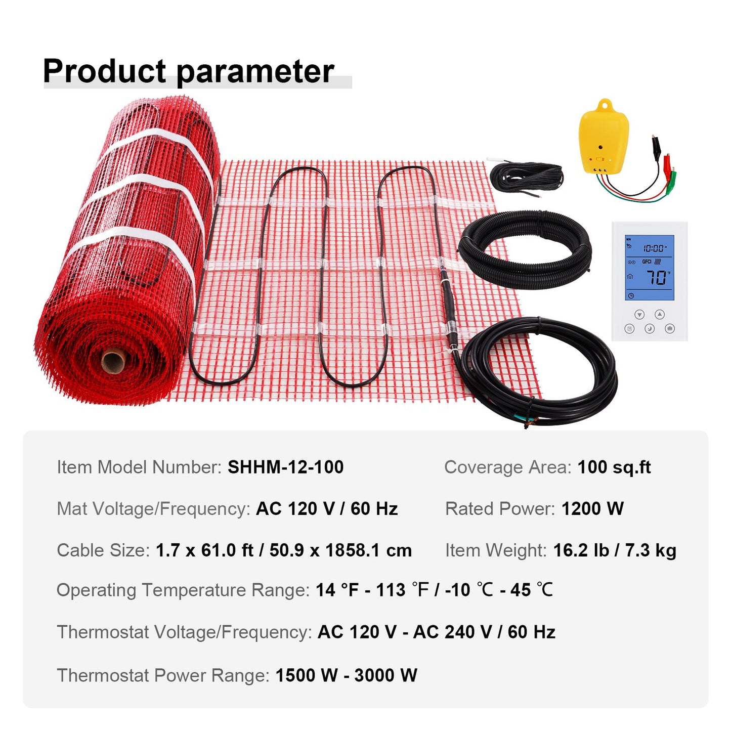 Floor Heating Mat,100Sq.ft. 14℉-113℉ Electric Radiant Floor Heated Warm System with Digital Floor Sensing Thermostat, 110-120V Includes Installation Monitor, Adhesive Back for Easy Installation