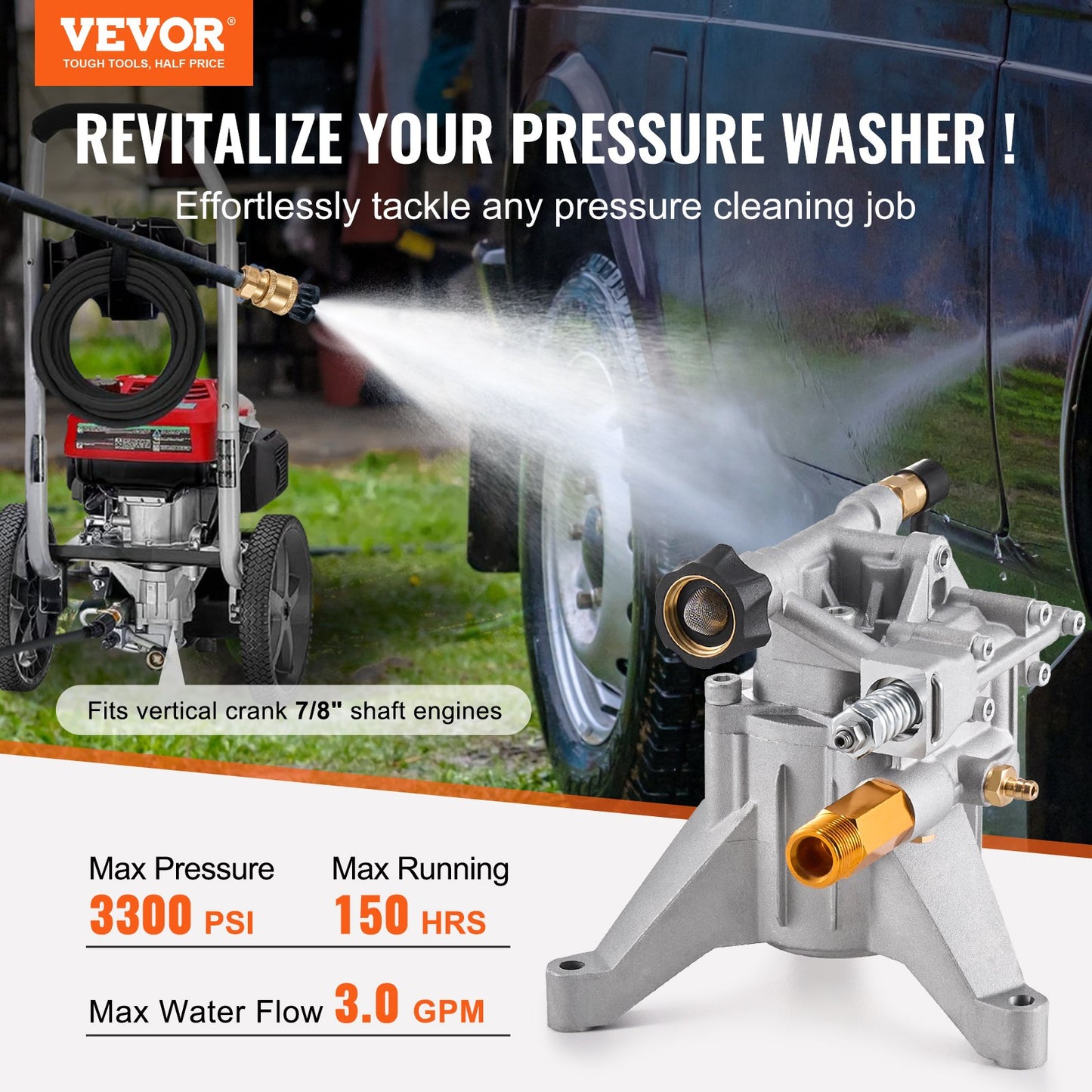 High pressure washer pump 7/8" shaft vertical 3300 PSI 3.0GPM with 5 nozzles