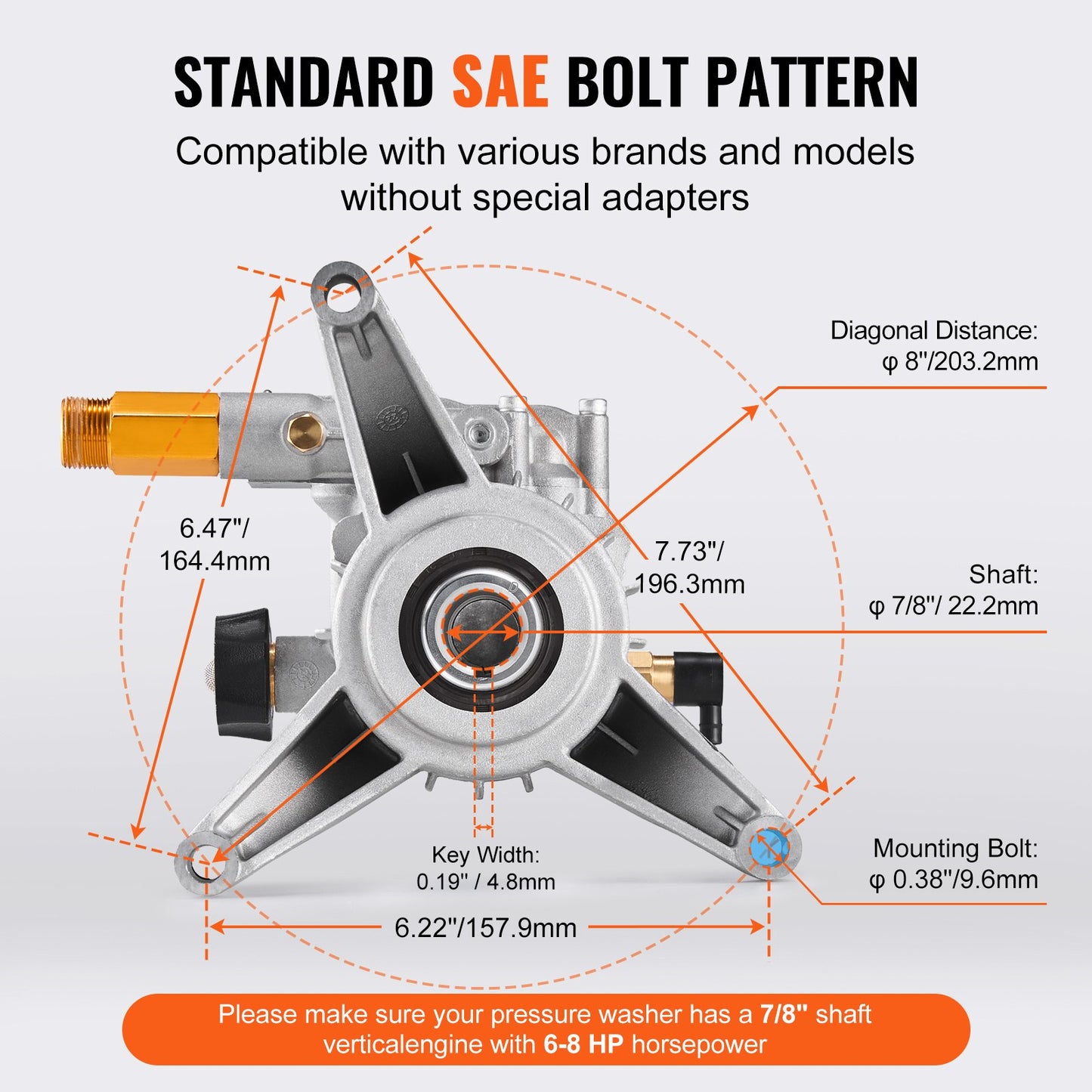 High pressure washer pump 7/8" shaft vertical 3300 PSI 3.0GPM with 5 nozzles