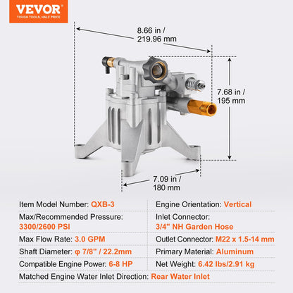 High pressure washer pump 7/8" shaft vertical 3300 PSI 3.0GPM with 5 nozzles