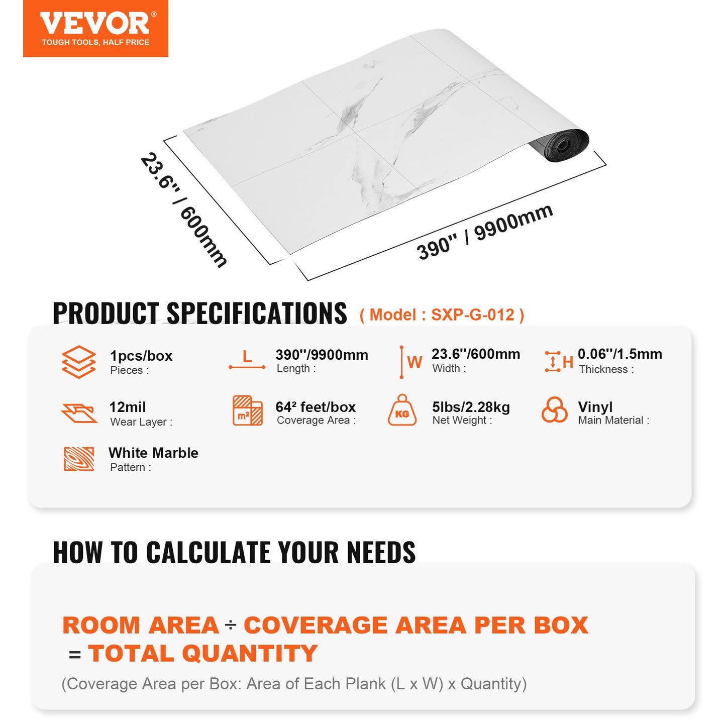 Självhäftande vinylgolvplattor 390 x 23,6 tum, 1,5 mm tjocka Peel & Stick, vit marmorstruktur DIY-golv för kök, matsal, sovrum och badrum, lätt för heminredning