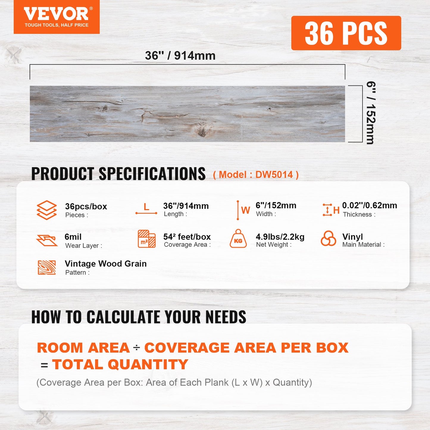 Självhäftande vinylgolvplattor 36 x 6 tum, 36 plattor 0,62 mm tjocka skal och sticka, vintage träkorn DIY-golv för kök, matsal, sovrum och badrum, lätt för heminredning