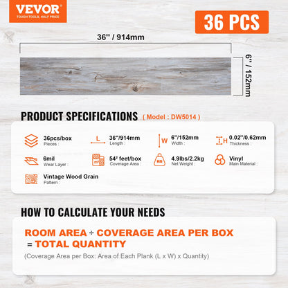 Självhäftande vinylgolvplattor 36 x 6 tum, 36 plattor 0,62 mm tjocka skal och sticka, vintage träkorn DIY-golv för kök, matsal, sovrum och badrum, lätt för heminredning