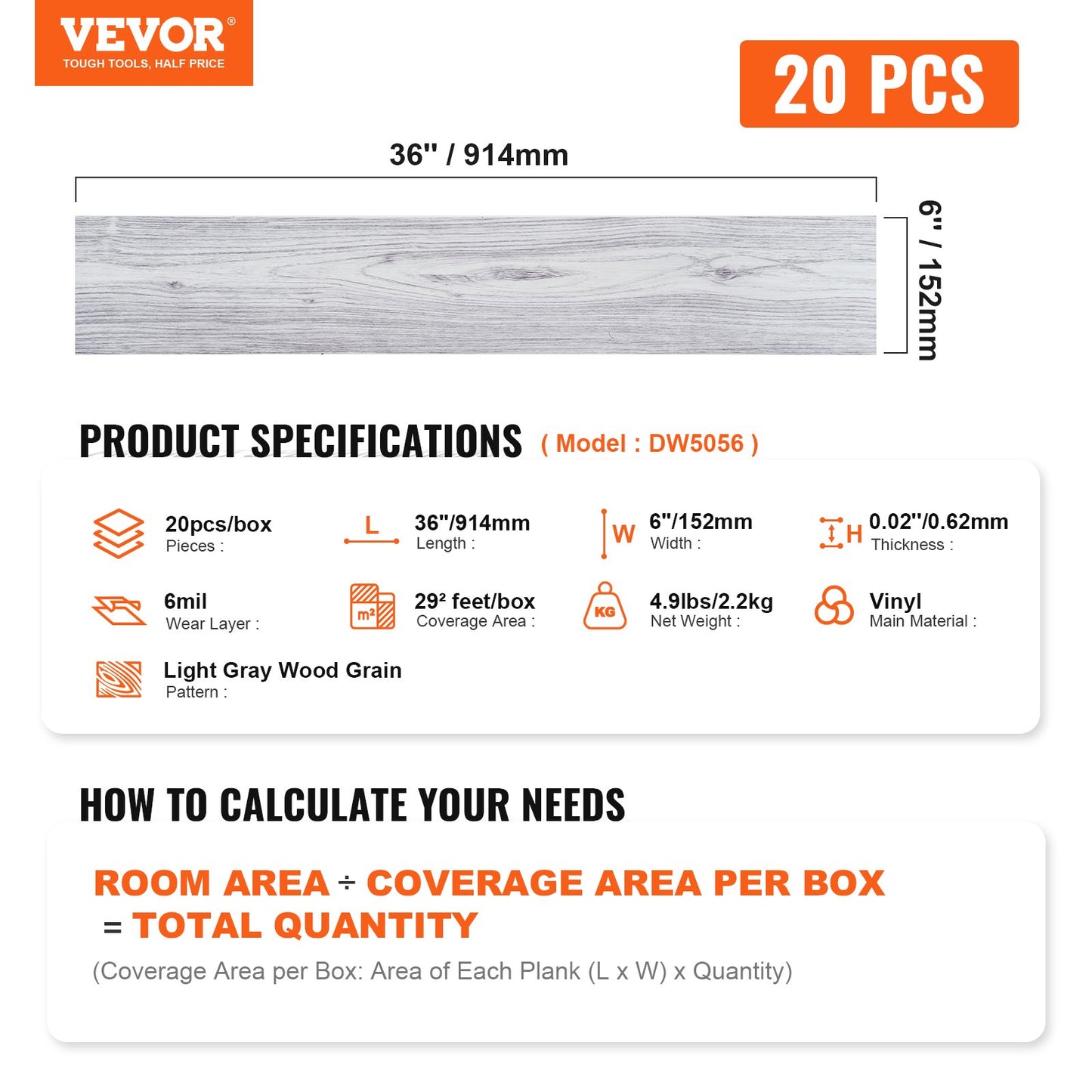 Self Adhesive Vinyl Floor Tiles 36 x 6 inch, 20 Tiles 0.62mm Thick Peel & Stick, Light Gray Wood Grain DIY Flooring for Kitchen, Dining Room, Bedrooms & Bathrooms, Easy for Home Decor