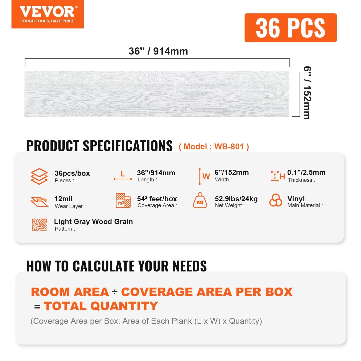 Self Adhesive Vinyl Floor Tiles 36 x 6 inch, 36 Tiles 2.5mm Thick Peel & Stick, Light Gray Wood Grain DIY Flooring for Kitchen, Dining Room, Bedrooms & Bathrooms, Easy for Home Decor