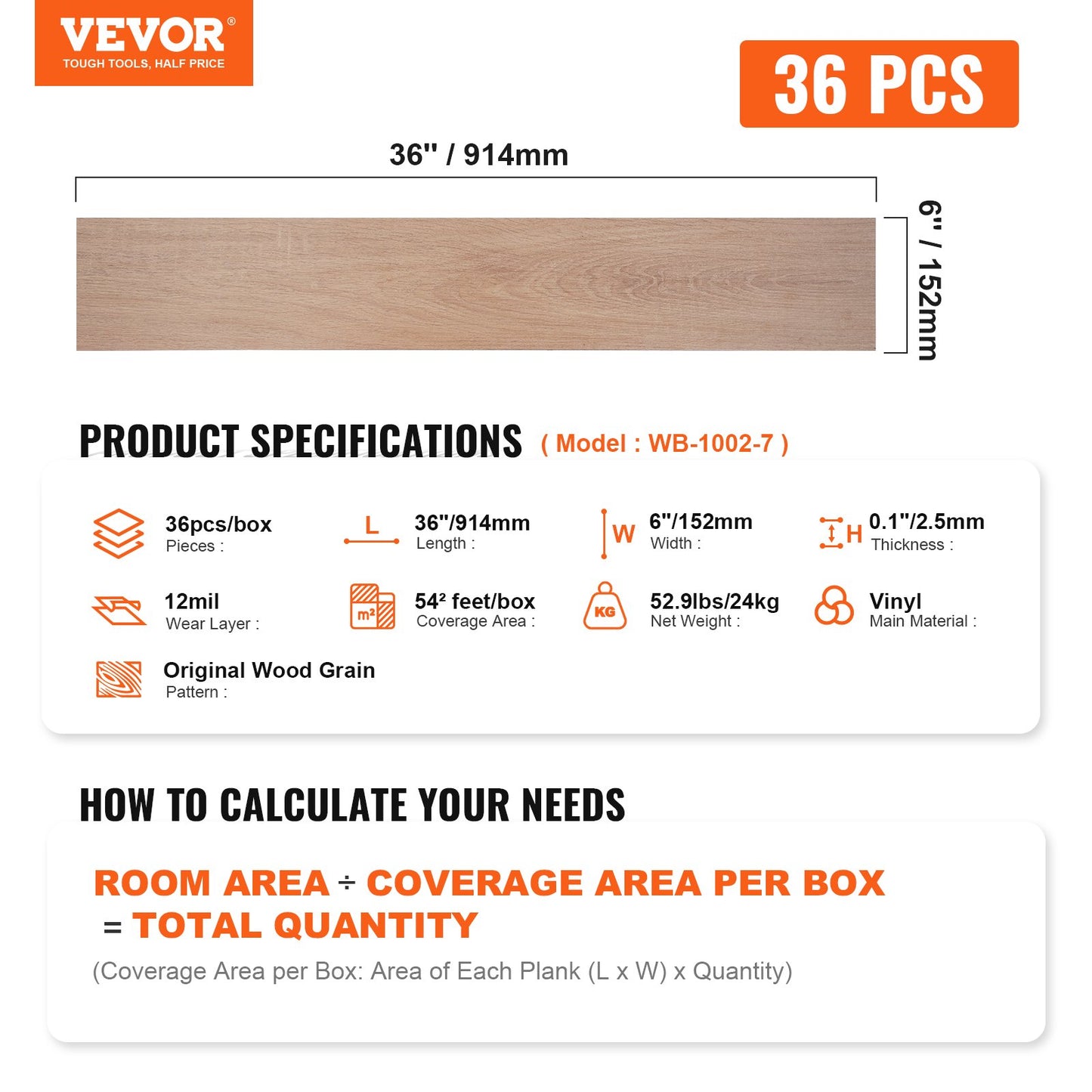Self Adhesive Vinyl Floor Tiles 36 x 6 inch, 36 Tiles 2.5mm Thick Peel & Stick, Natural Wood Grain DIY Flooring for Kitchen, Dining Room, Bedrooms & Bathrooms, Easy for Home Decor