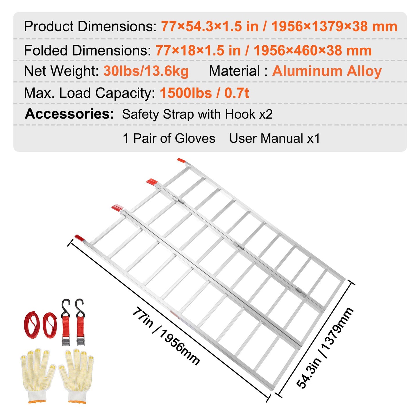 Aluminum Ramps, 1500 lbs, Tri-Fold Ramp with Load Straps, Folding Loading Ramp for Motorcycle, Tractor, ATV/UTV, Trucks, Lawn Mower, Snow Blower, 77"L x 54"W, 1 Pc