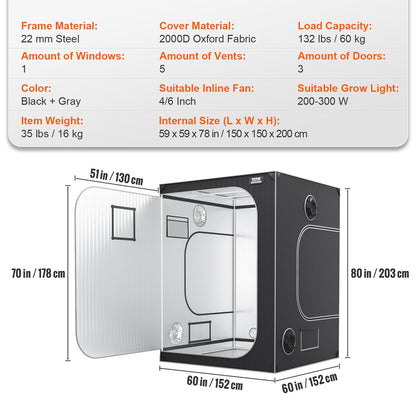 5x5 odlingstält, 60'' x 60'' x 80'', högreflekterande 2000D Mylar hydroponiskt odlingstält med observationsfönster, verktygsväska och golvbricka för odling av inomhusväxter
