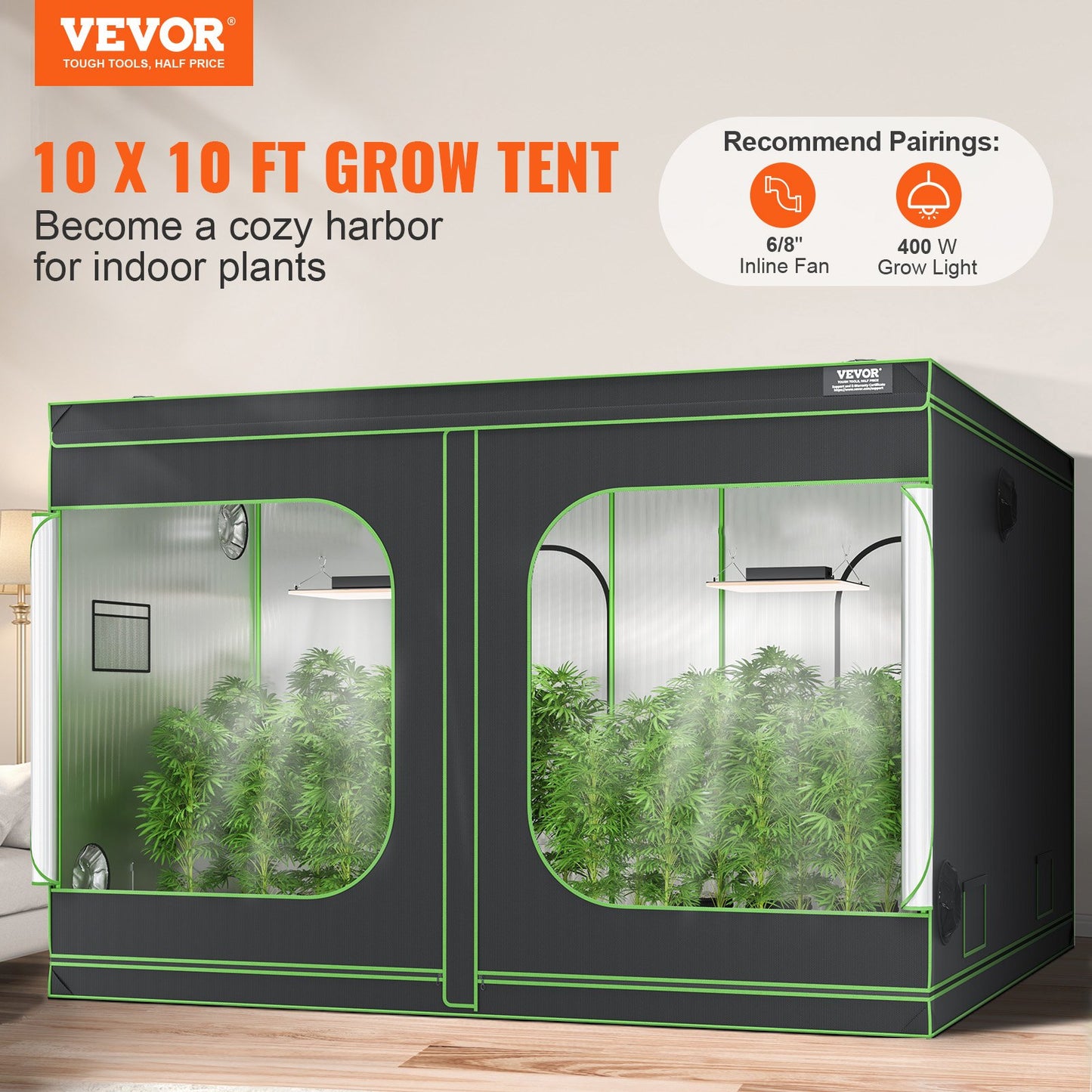 10x10 Growzelt, 120'' x 120'' x 80'', hochreflektierendes 600D Mylar Hydroponisches Growzelt mit Beobachtungsfenster, Werkzeugtasche und Bodenwanne für den Indoor-Pflanzenanbau