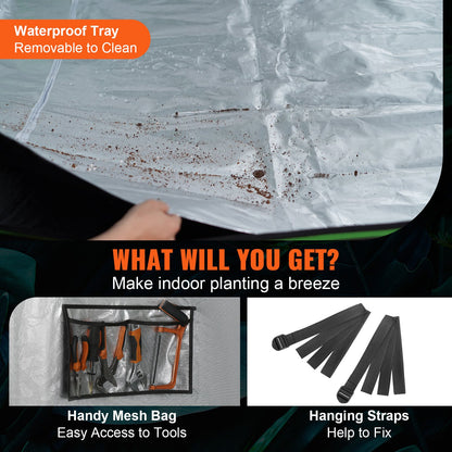 10x10 Growzelt, 120'' x 120'' x 80'', hochreflektierendes 600D Mylar Hydroponisches Growzelt mit Beobachtungsfenster, Werkzeugtasche und Bodenwanne für den Indoor-Pflanzenanbau